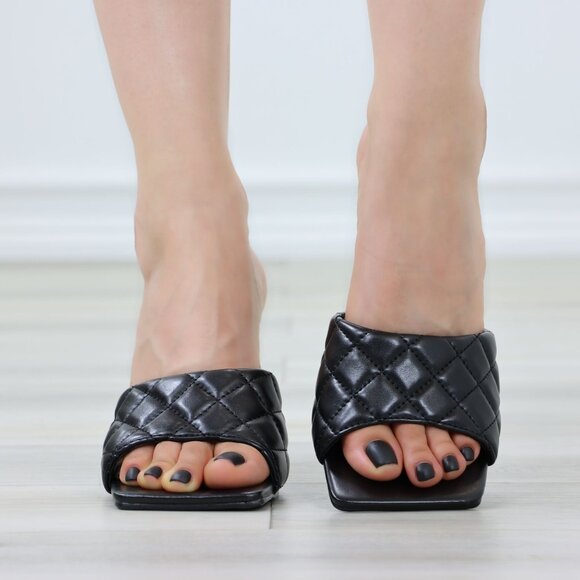Square Open Toe High Heel Sandal Black Heeled Quilted Slip On Mule - Picture 11 of 13